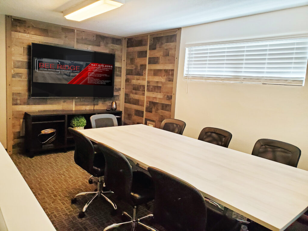 The modern conference room for rent in Sarasota Florida at includes a smart tv and free WIFI and is able to accommodate up to eight people. Learn more at brvosrq.com